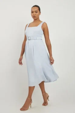 Karen Millen Plus Size Premium Tailored Linen Belted Full Skirt Midi Dress paleblue Online