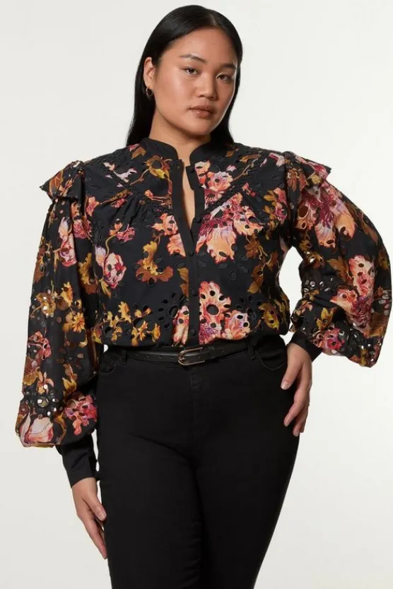 Karen Millen Plus Size Printed Eyelet Woven Blouse With Guipure Trim floral Online