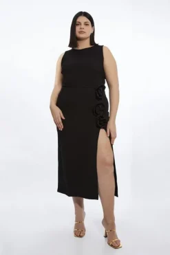 Karen Millen Plus Size Rosette Ponte Jersey Slit Midi Dress black Discount