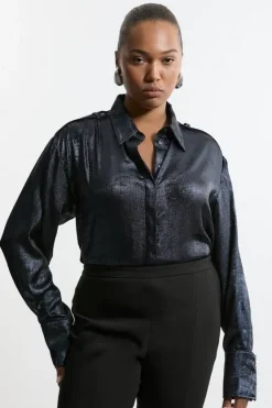 Karen Millen Plus Size Satin Woven Collared Shirt navy Sale