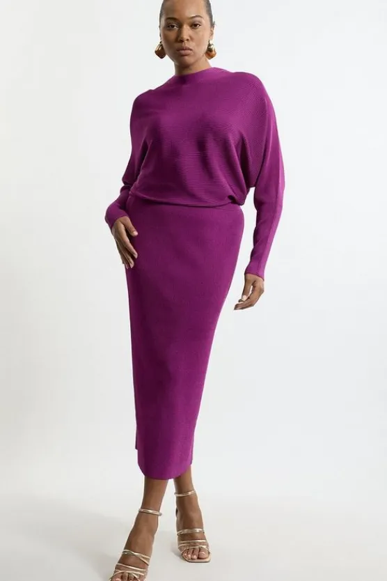 Karen Millen Plus Size Slinky Drape Knit Bat Wing Pencil Midi Dress magenta Fashion
