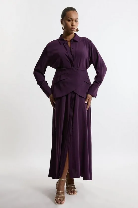 Karen Millen Plus Size Soft Tailored Belted Maxi Shirt Dress aubergine Fashion