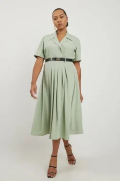 Karen Millen Plus Size Soft Tailored Belted Maxi Shirt Dress sage Clearance