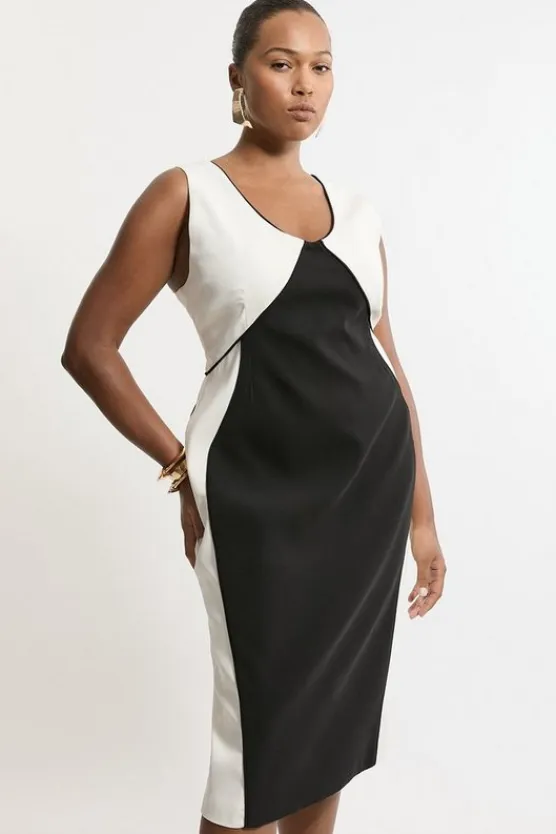 Karen Millen Plus Size Soft Tailored Color Block Tailored Sleeveless Midi Dress mono Outlet