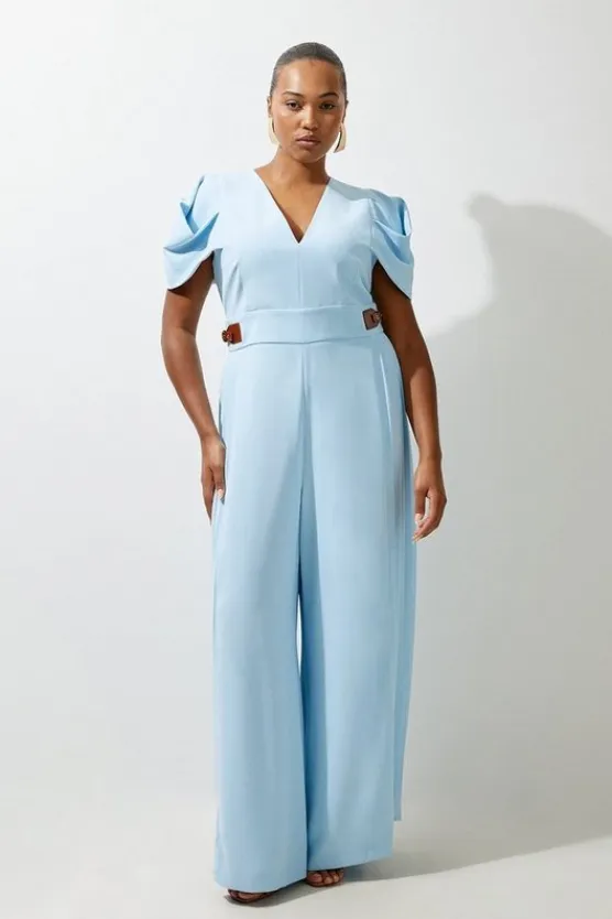 Karen Millen Plus Size Soft Tailored Crepe Tab Detail Pleated Jumpsuit paleblue Outlet