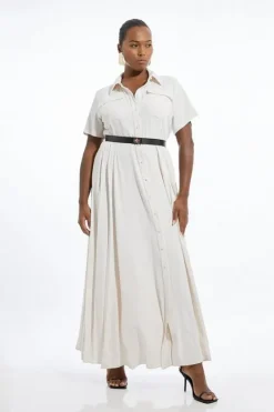 Karen Millen Plus Size Soft Tailored Pleat Panel Midi Shirt Dress ivory Fashion
