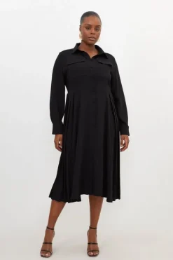 Karen Millen Plus Size Soft Tailored Pleated Pocket Detail Shirt Dress black Clearance