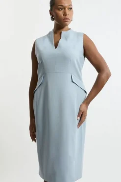 Karen Millen Plus Size Structured Crepe High Neck Tailored Midi Pencil Dress paleblue Best