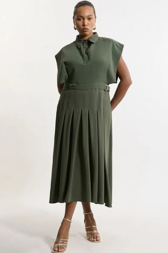Karen Millen Plus Size Structured Crepe Pleated Sleeveless Shirt Midi Dress khaki Hot