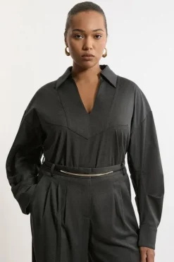Karen Millen Plus Size Tailored Collared Long Sleeve Shirt darkgrey Best