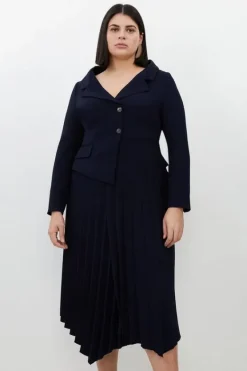 Karen Millen Plus Size Tailored Crepe Asymmetric Pleated Skirt Dress navy Hot