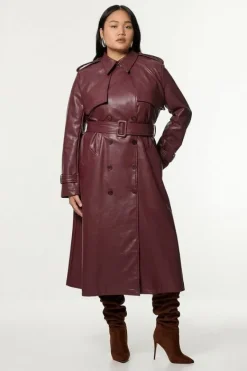 Karen Millen Plus Size Tailored Faux Leather Belted Trench Coat oxblood Fashion
