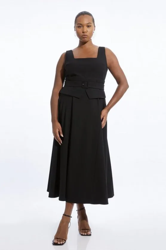 Karen Millen Plus Size Tailored Full Skirted Panel Belted Midi Dress black Clearance