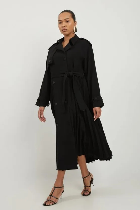 Karen Millen Plus Size Tailored Pleat Detail Belted Trench Coat black Online