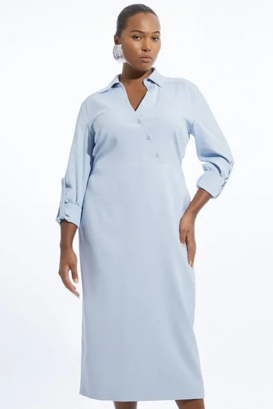 Karen Millen Plus Size Tailored Satin Asymmetric Button Pencil Midi Dress paleblue Outlet