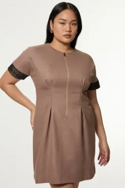 Karen Millen Plus Size Tailored Twill Lace Mix Zip Front Mini Dress taupe Discount