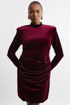 Karen Millen Plus Size Tailored Velvet High Neck Mini Dress merlot Fashion