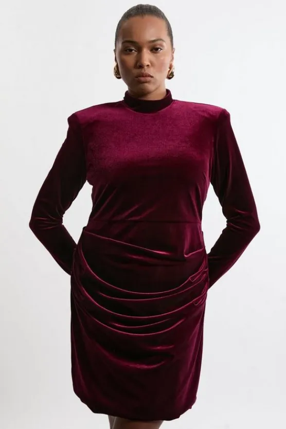 Karen Millen Plus Size Tailored Velvet High Neck Mini Dress merlot Fashion