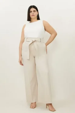 Karen Millen Plus Size Tailored Viscose Linen Eyelet Detail Belted Straight Leg Pants camel Online