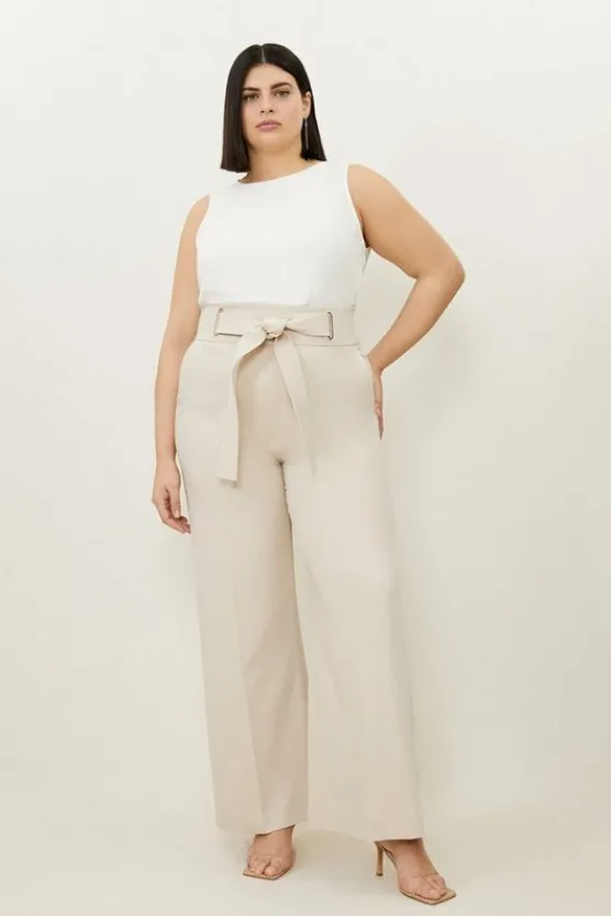 Karen Millen Plus Size Tailored Viscose Linen Eyelet Detail Belted Straight Leg Pants camel Online