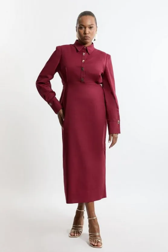 Karen Millen Plus Size Techno Cotton Woven Maxi Shirt Dress With Gold Clasps berry Hot