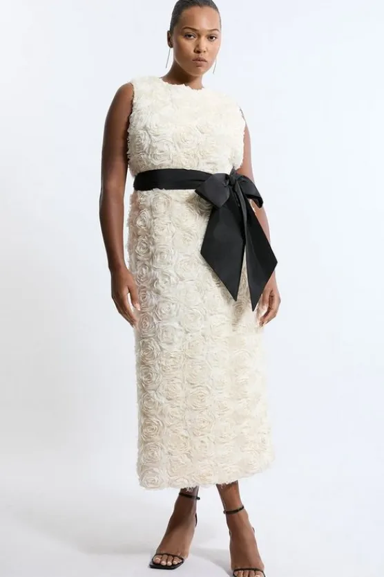 Karen Millen Plus Size Textured Rosette Bow Belted Pencil Dress ivory Sale