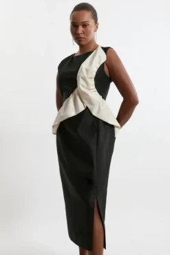 Karen Millen Plus Size Textured Tailored Contrast Taffeta Ruffle Maxi Dress black Clearance