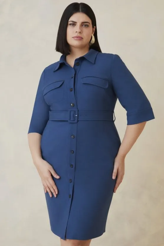 Karen Millen Plus Size The Founder Compact Stretch Belted Midi Dress denim-blue Hot