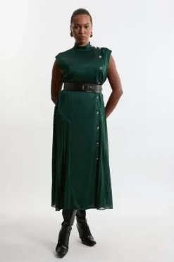 Karen Millen Plus Size Top Stitch Satin Georgette Strong Shoulder Midi Dress forest Fashion