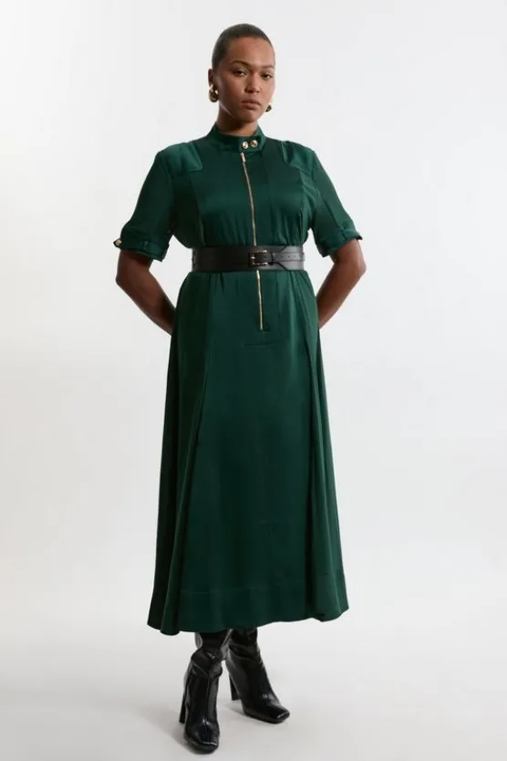 Karen Millen Plus Size Top Stitch Satin Georgette Woven Shirt Maxi Dress forest Best