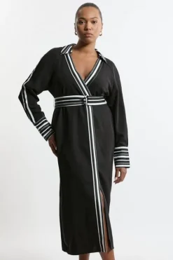 Karen Millen Plus Size Twill Stripe Detail Collared Midaxi Dress black Discount