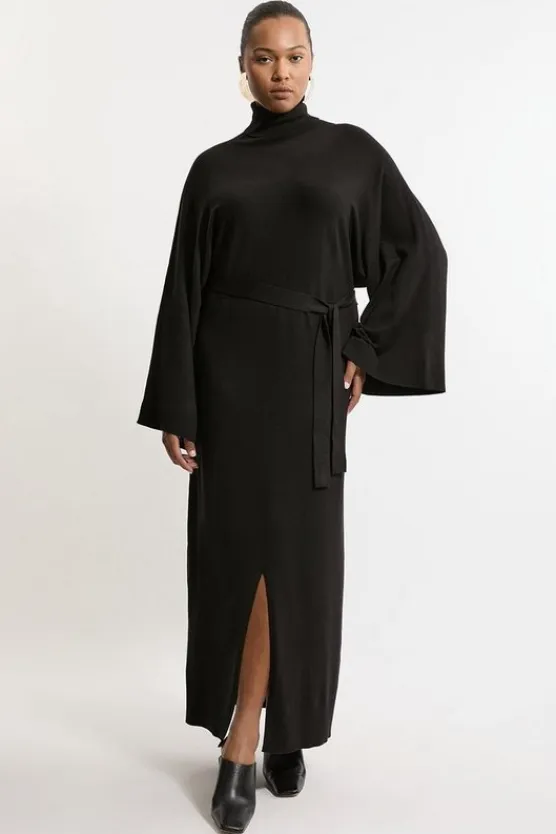 Karen Millen Plus Size Viscose Blend Funnel Neck Belted Knitted Midi Dress black Discount
