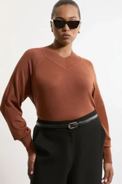 Karen Millen Plus Size Viscose Blend High Neck Knit Sweater toffee Discount