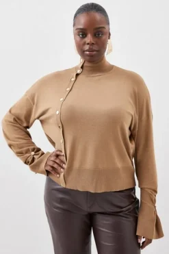 Karen Millen Plus Size Viscose Blend Knit Popper Detail Sweater camel New