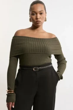 Karen Millen Plus Size Viscose Blend Off The Shoulder Knit Sweater olive Hot