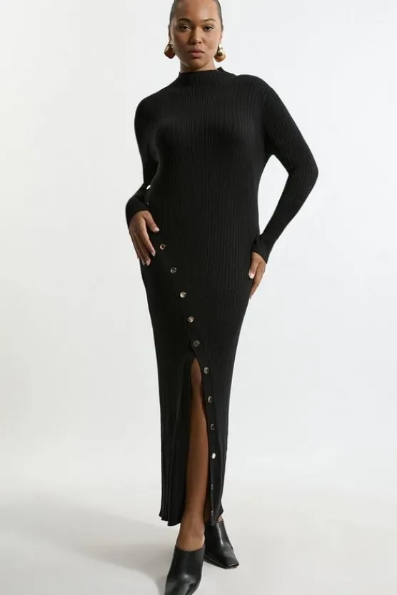 Karen Millen Plus Size Viscose Blend Popper Detail Split Knit Midaxi Dress black New