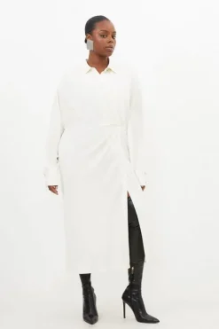 Karen Millen Plus Size Viscose Crepe Long Sleeve Woven Midi Shirt Dress cream Discount