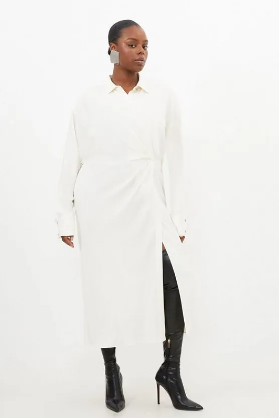 Karen Millen Plus Size Viscose Crepe Long Sleeve Woven Midi Shirt Dress cream Discount