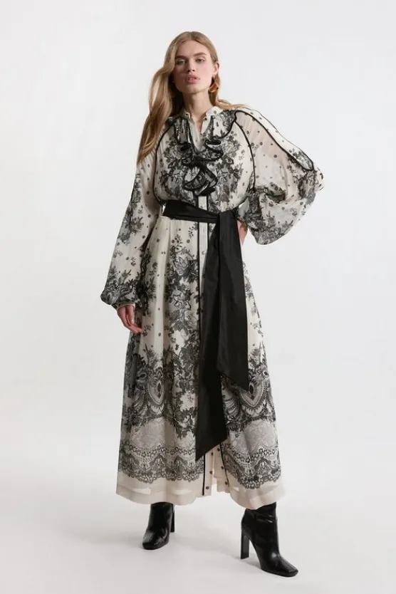 Karen Millen Plus Size Viscose Crinkle Placed Lace Printed Woven Midaxi Dress black_white Discount
