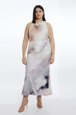 Karen Millen Plus Size Viscose Georgette Cowl Neck Woven Maxi Dress cloudgrey Fashion