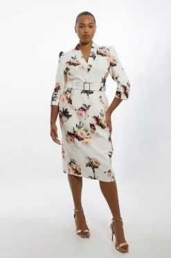 Karen Millen Plus Size Viscose Satin Back Crepe Peony Forever Midi Dress floral Fashion