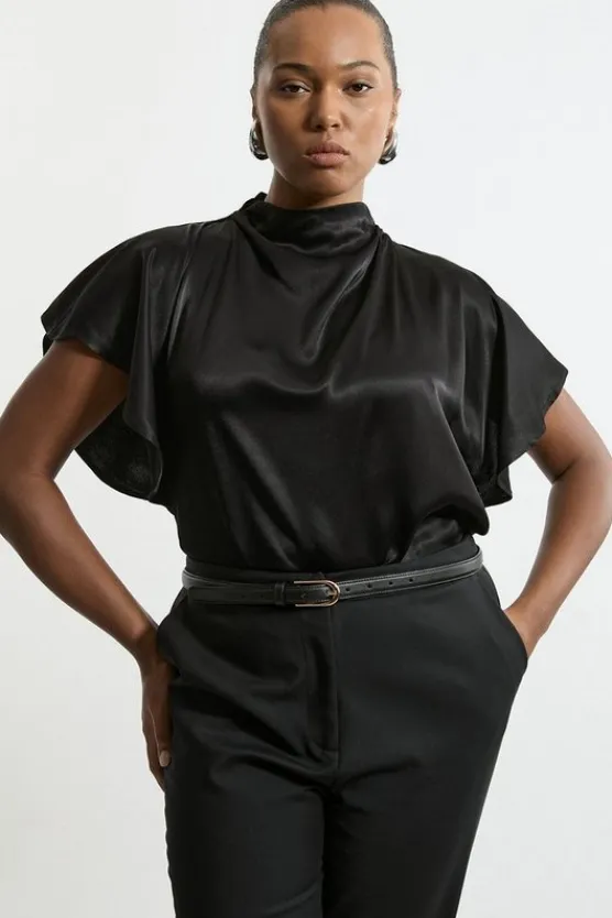 Karen Millen Plus Size Viscose Satin High Neck Woven Blouse black Sale