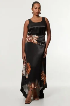 Karen Millen Plus Size Viscose Satin Printed Panelled Train Maxi Skirt floral Clearance