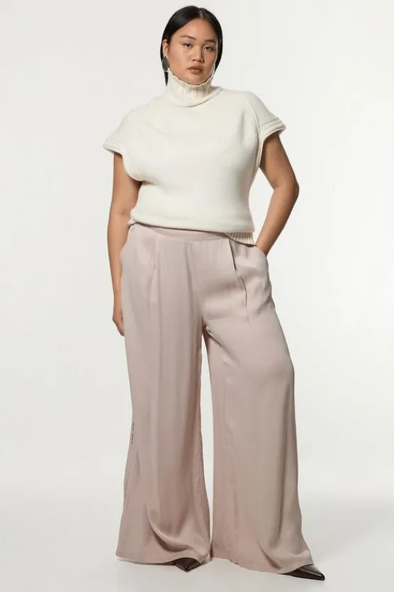 Karen Millen Plus Size Viscose Satin Wide Leg Woven Pants silver Clearance