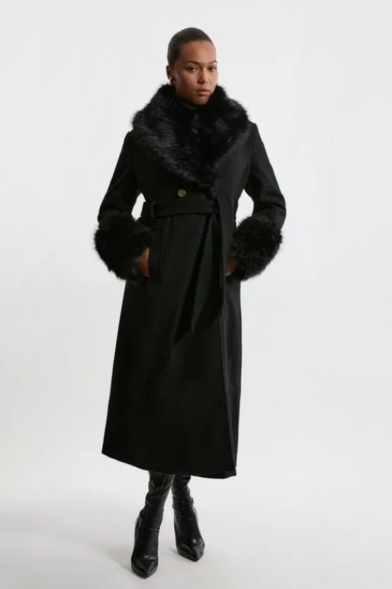 Karen Millen Plus Size Wool Blend Detachable Faux Fur Belted Midi Coat black Outlet