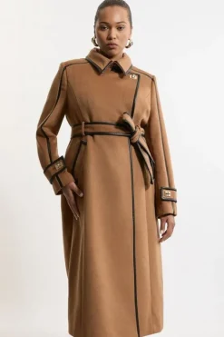 Karen Millen Plus Size Wool Blend Pu Trim Belted Tailored Double Breasted Coat camel Online