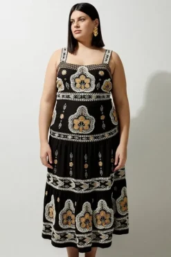 Karen Millen Plus Size Woven Embroidered Strappy Woven Midi Dress black Clearance