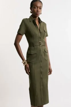Karen Millen Pocket Detail Ponte Jersey Short Sleeve Midi Dress khaki Online
