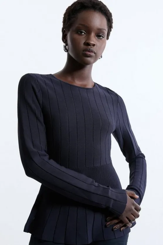 Karen Millen Pointelle Viscose Blend Knit Top navy Clearance