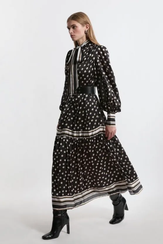 Karen Millen Polka Dot Woven Balloon Sleeve Belted Midaxi Dress mono New